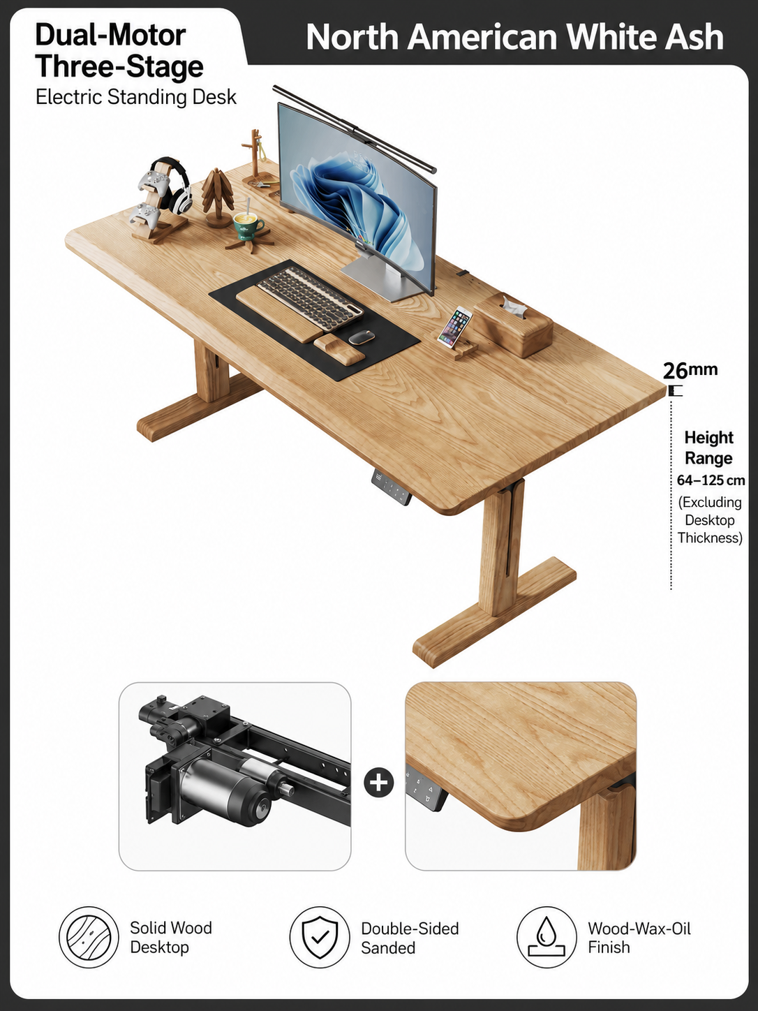 North American white ash 26 mm dual-motor standing desk