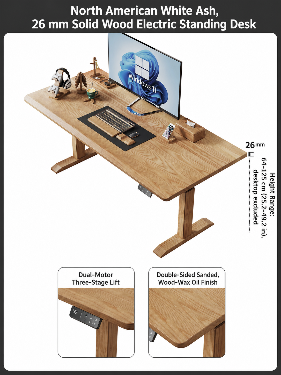 North American white ash 26 mm dual-motor standing desk