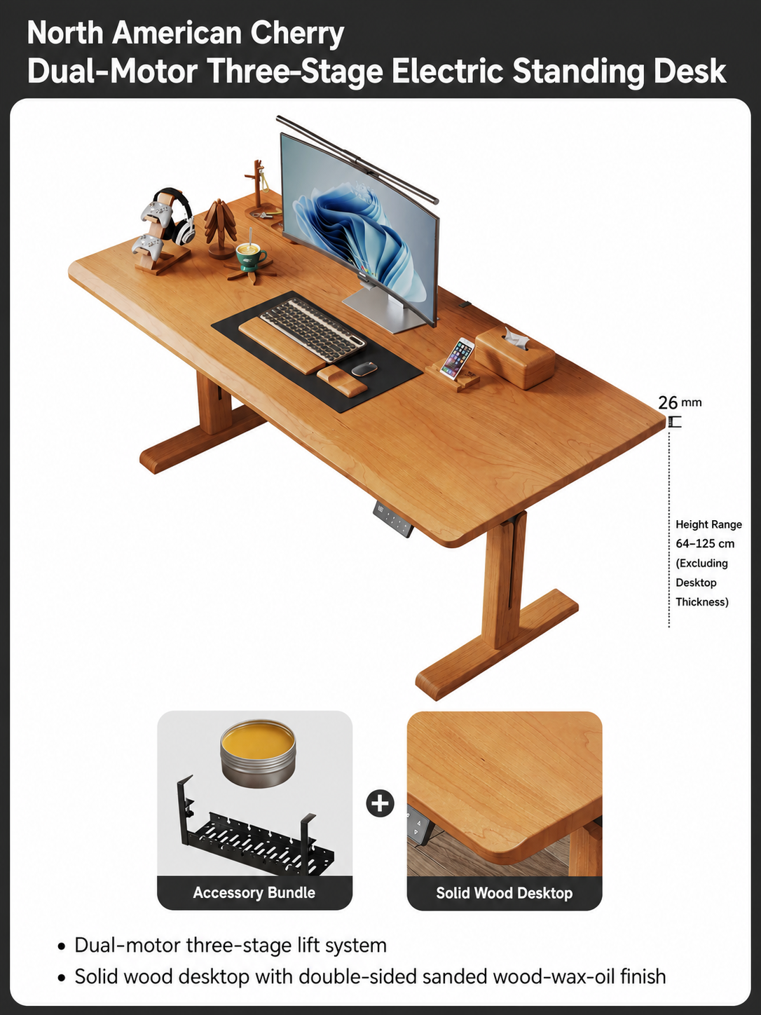 North American cherry 26 mm dual-motor standing desk