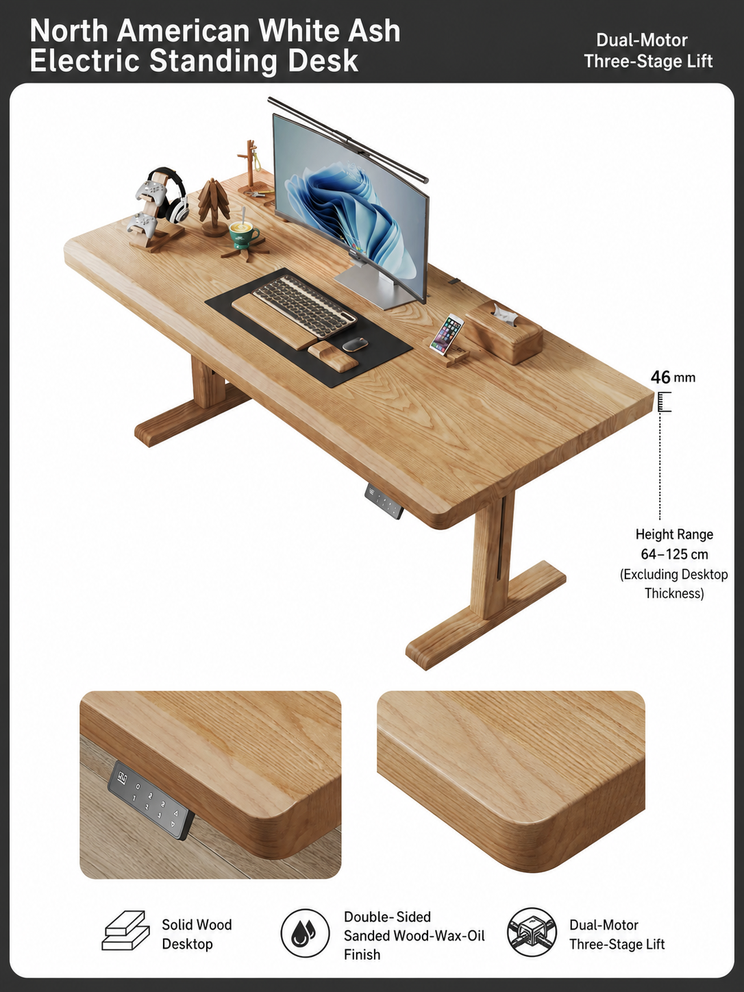 North American white ash 46 mm dual-motor standing desk