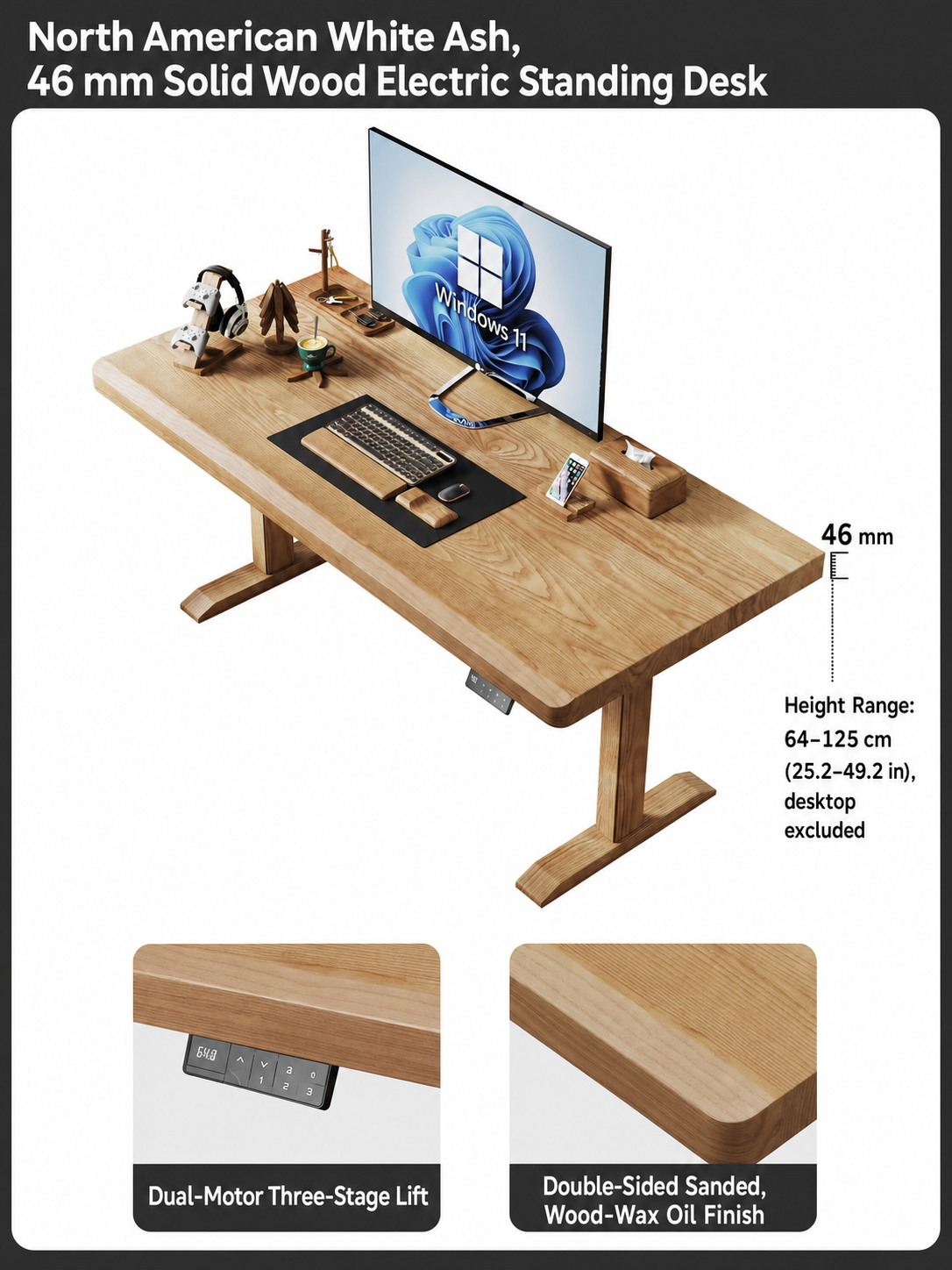 North American white ash 46 mm dual-motor standing desk