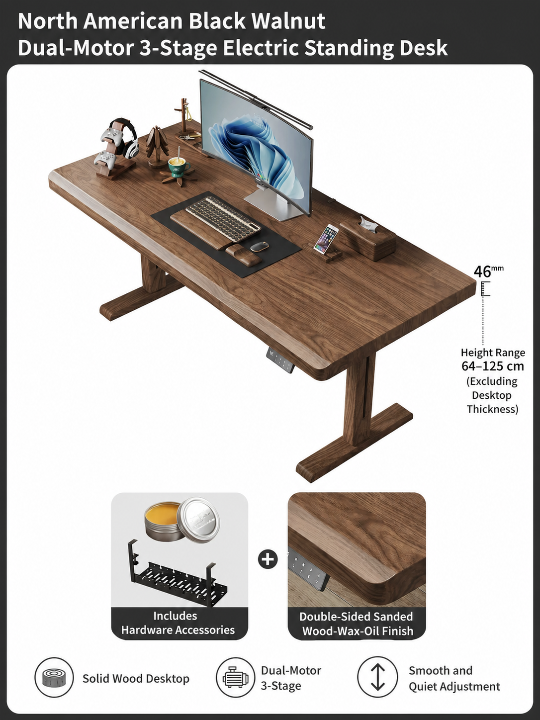 North American black walnut 46 mm dual-motor standing desk