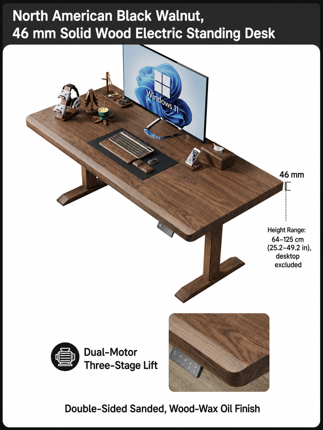 North American black walnut 46 mm dual-motor standing desk
