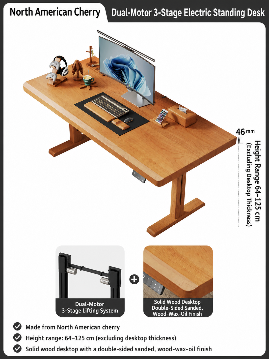 North American cherry 46 mm dual-motor standing desk