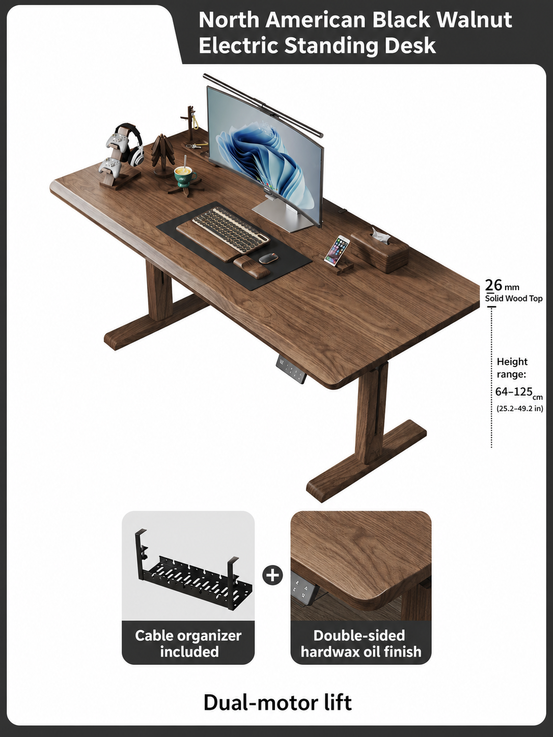 North American black walnut 26 mm solid wood desktop