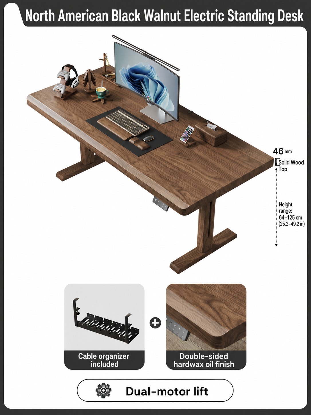North American black walnut 46 mm solid wood desktop