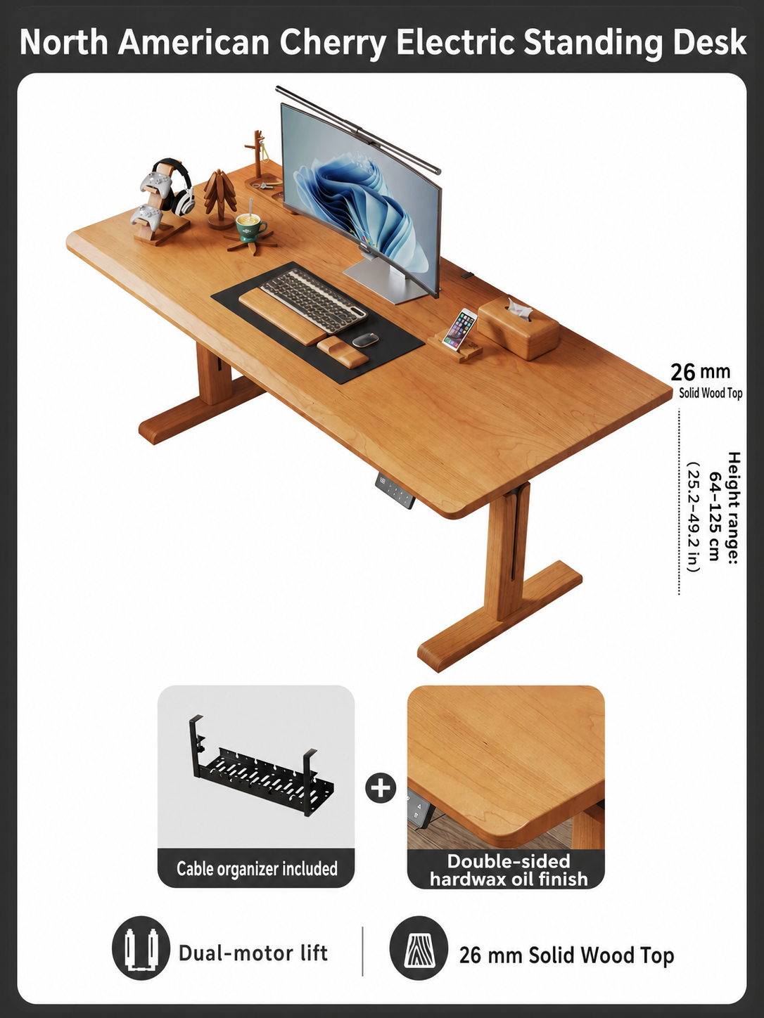 North American cherry 26 mm solid wood desktop