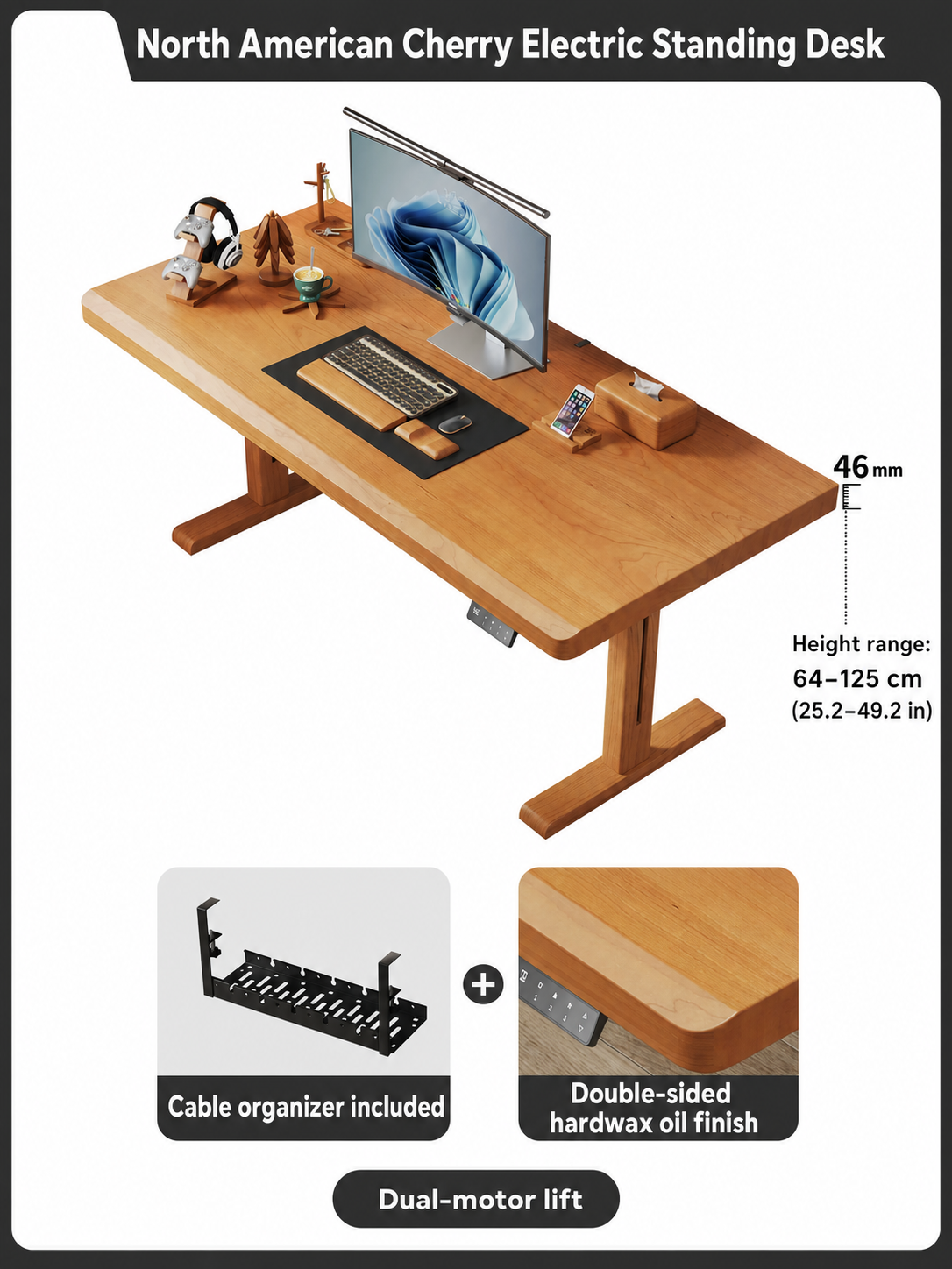 North American cherry 46 mm solid wood desktop