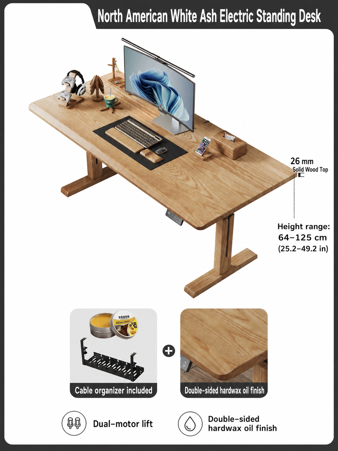 North American white ash 26 mm solid wood desktop
