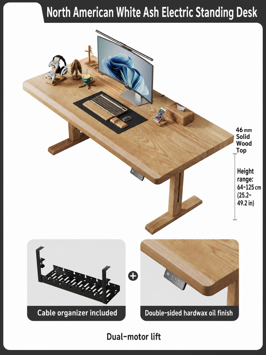 North American white ash 46 mm solid wood desktop