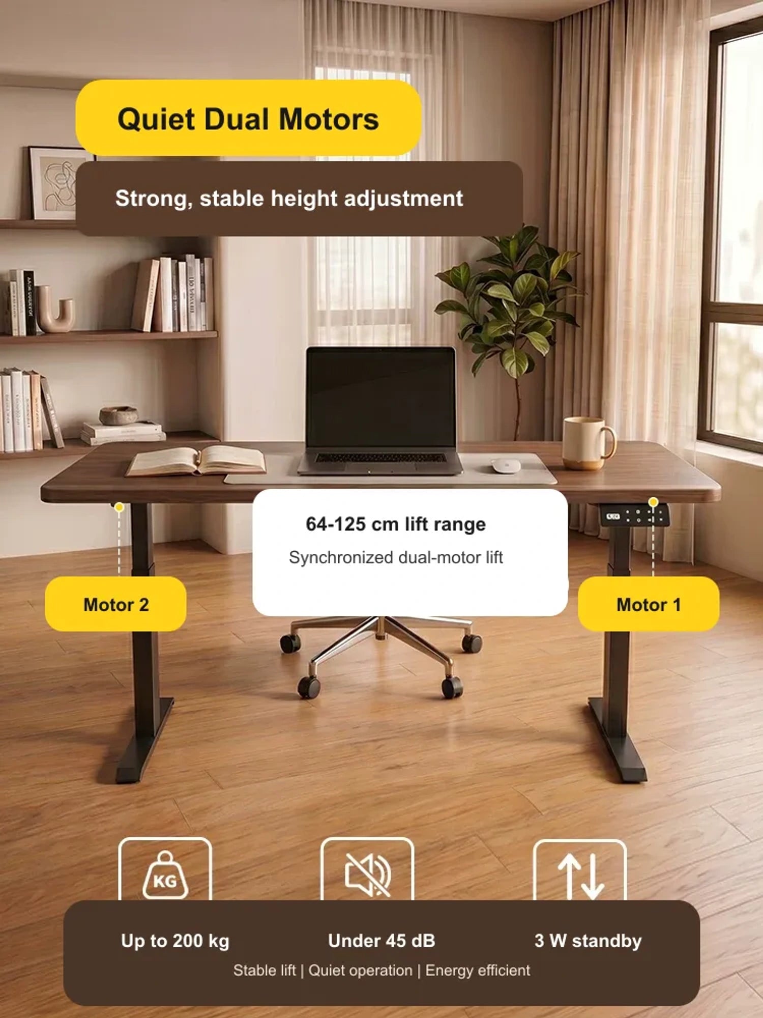Quiet dual-motor electric standing desk with synchronized height adjustment