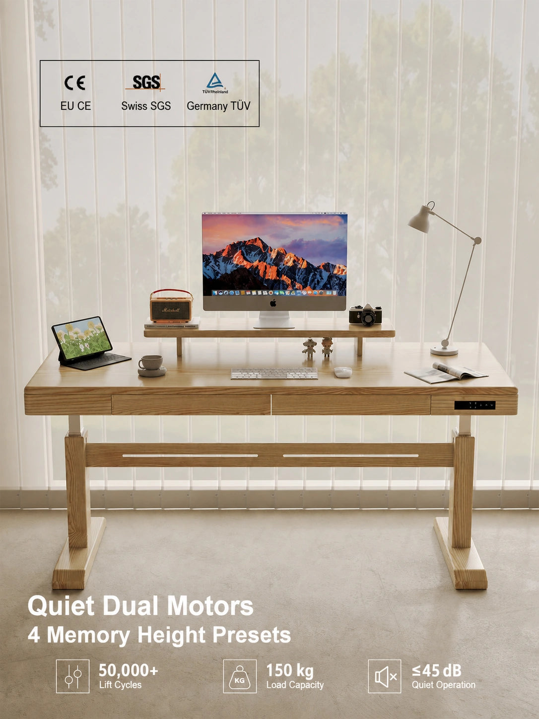 White ash electric standing desk with quiet dual motors and memory controls
