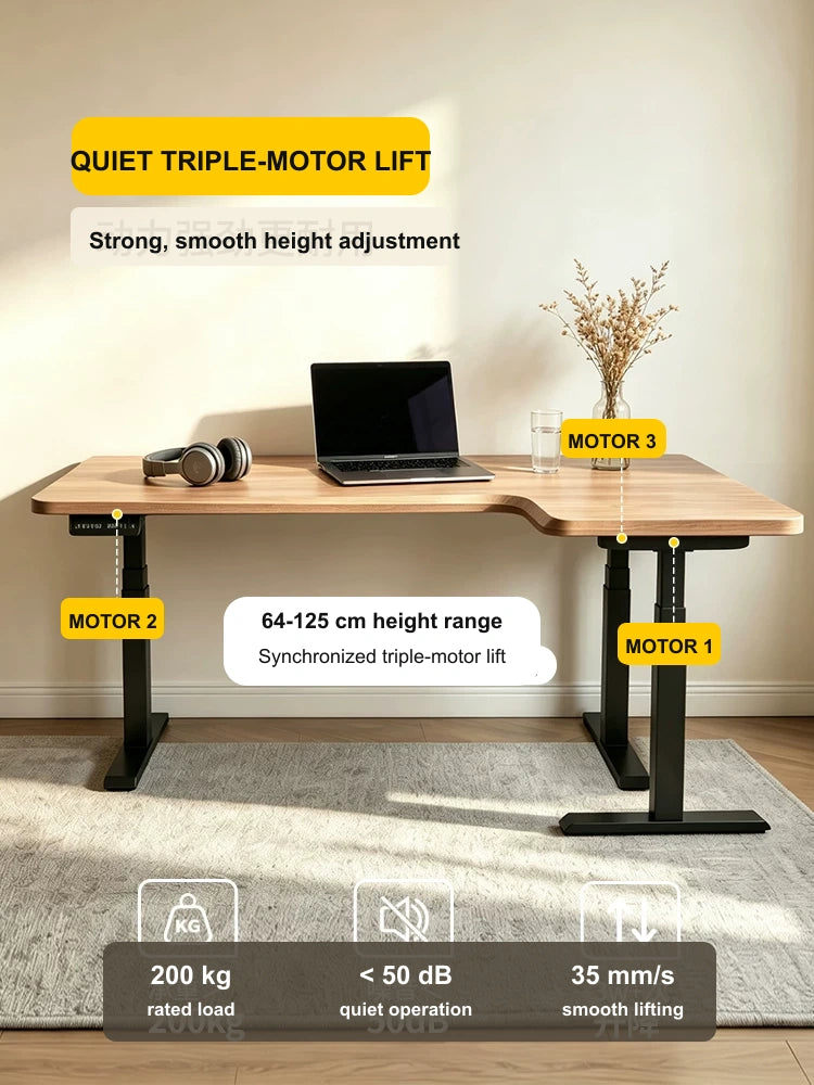 White ash L-shaped standing desk with quiet triple-motor lifting system