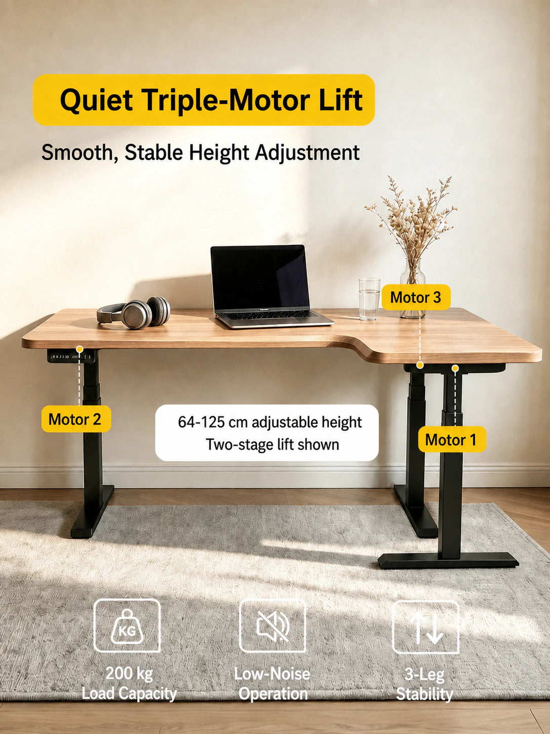 Quiet triple-motor L-shaped standing desk with synchronized height adjustment