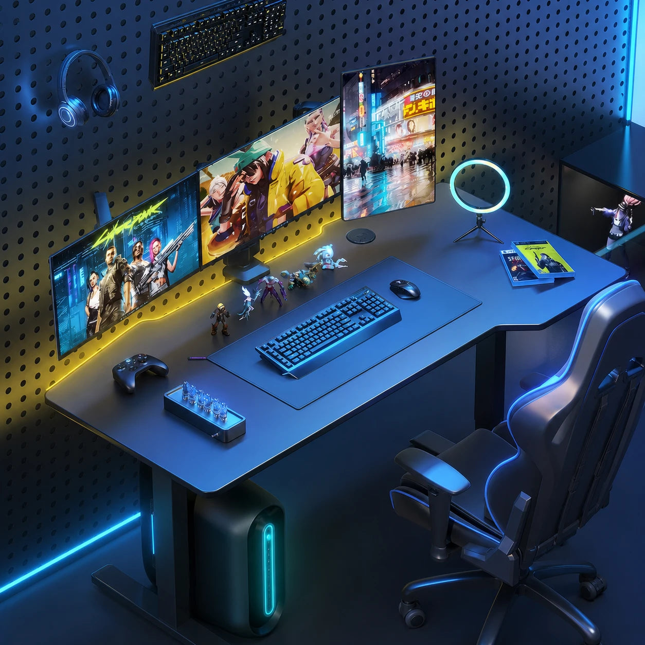 RGB dual-motor gaming standing desk in an unbranded gaming workspace