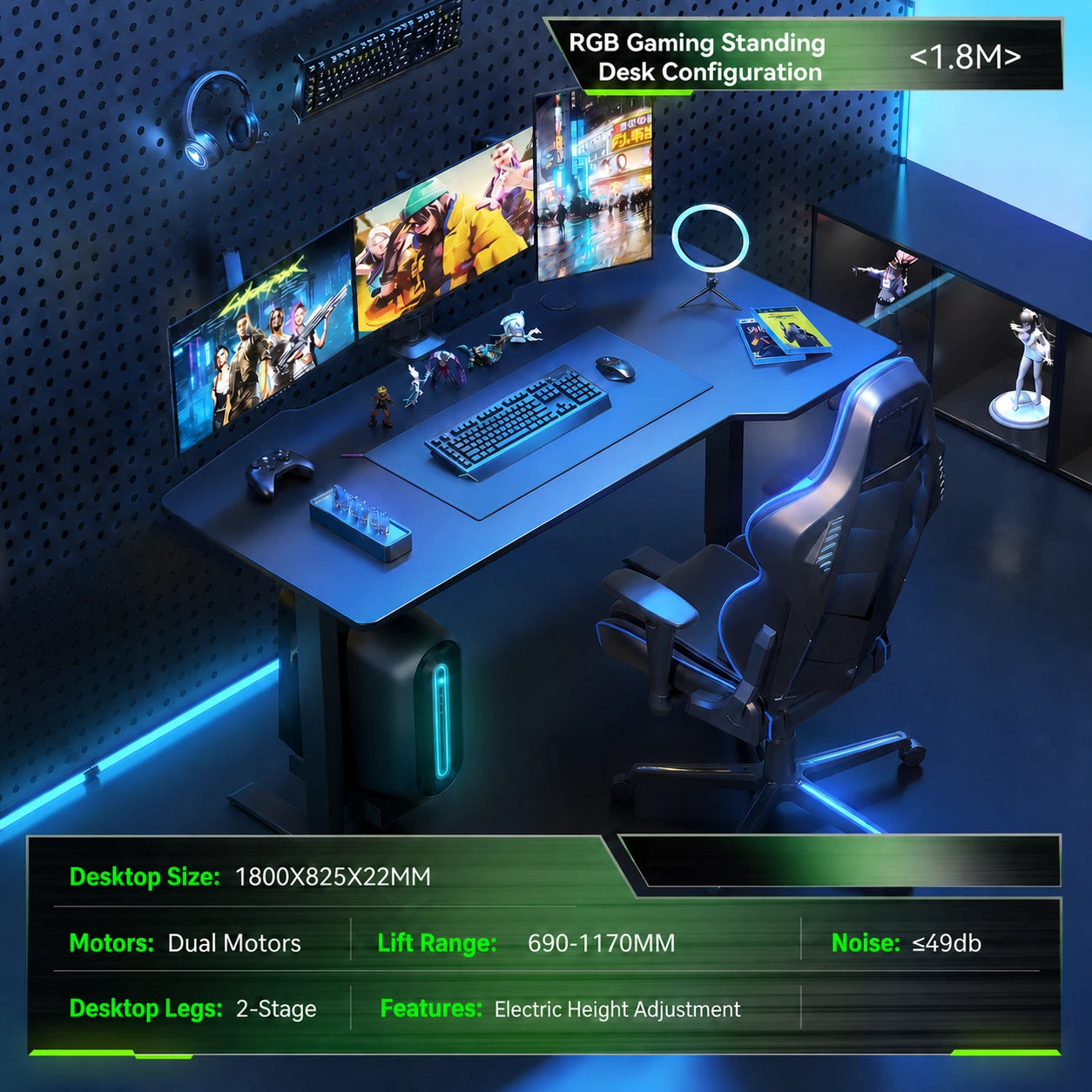 RGB curved electric gaming standing desk in 1800 x 825 mm configuration