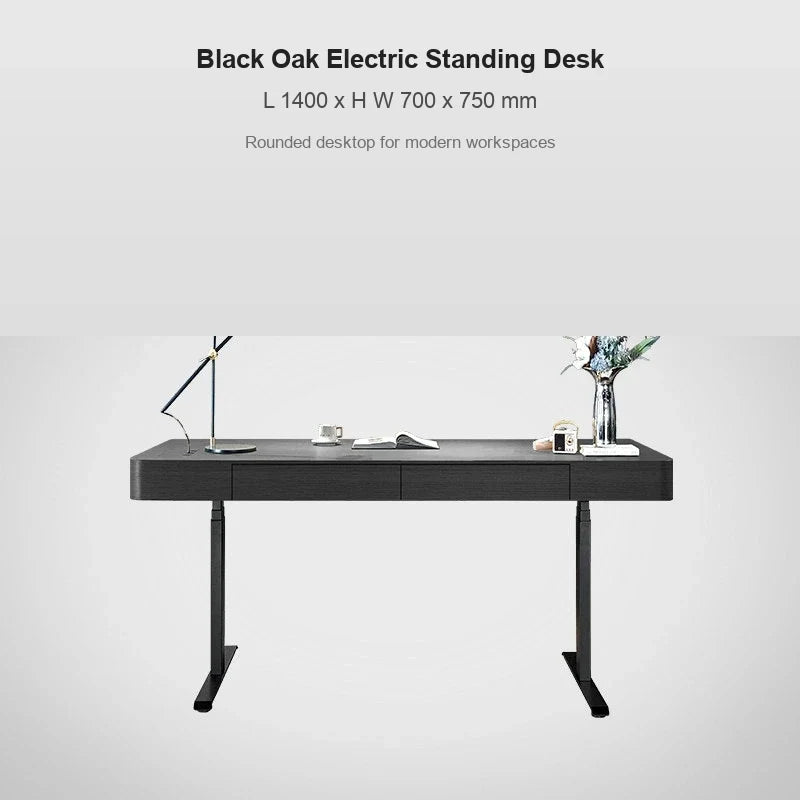 black oak rounded corner electric standing desk 1400 x 700 x 750 mm