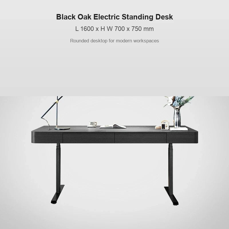 black oak rounded corner electric standing desk 1600 x 700 x 750 mm