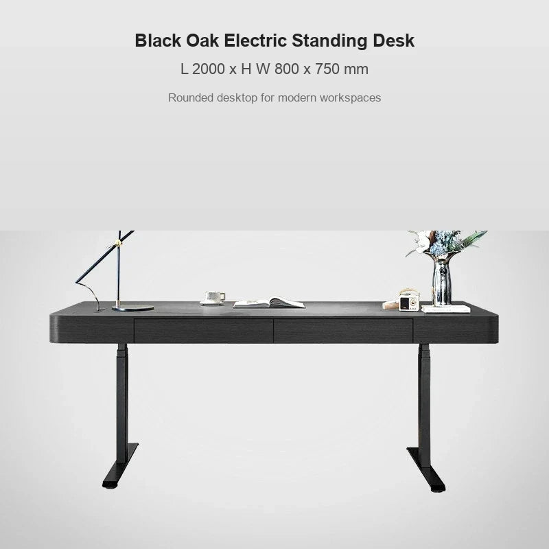 black oak rounded corner electric standing desk 2000 x 800 x 750 mm