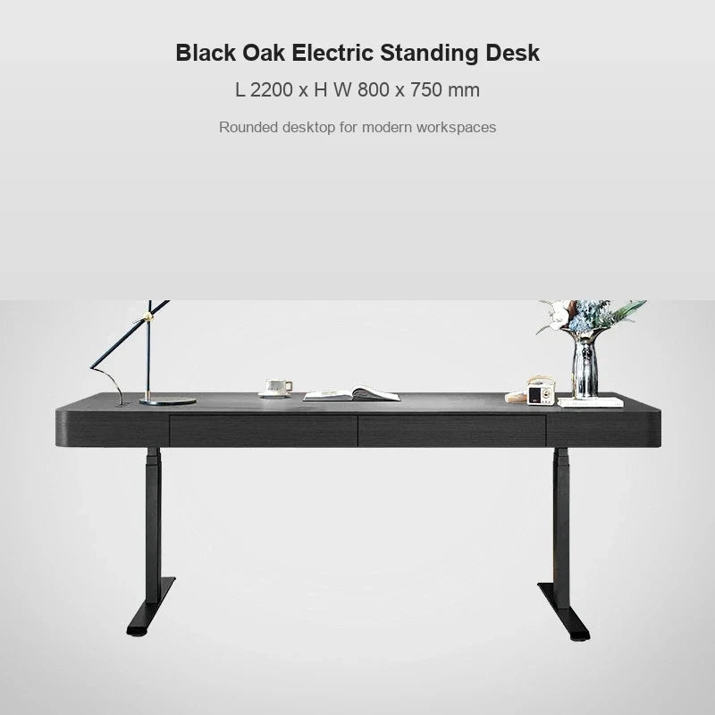 black oak rounded corner electric standing desk 2200 x 800 x 750 mm