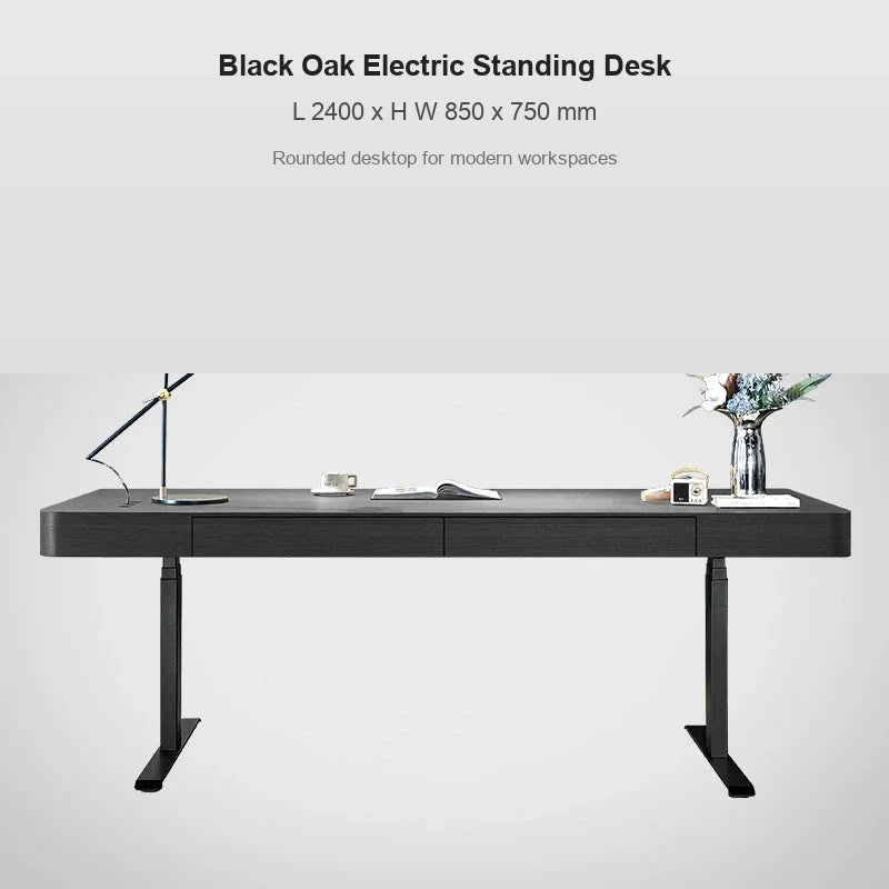 black oak rounded corner electric standing desk 2400 x 850 x 750 mm