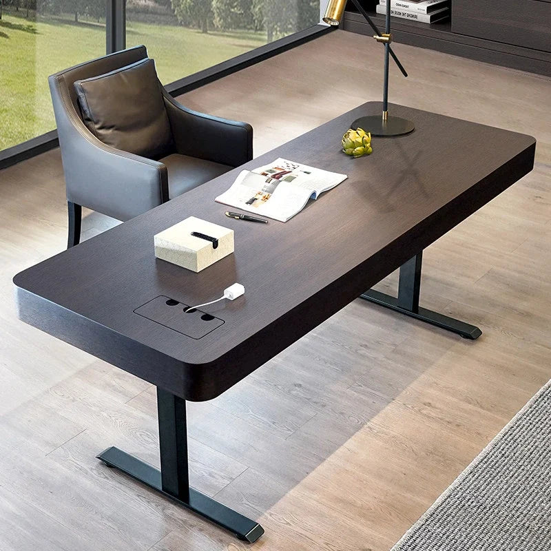 rounded corner electric standing desk in a modern home office
