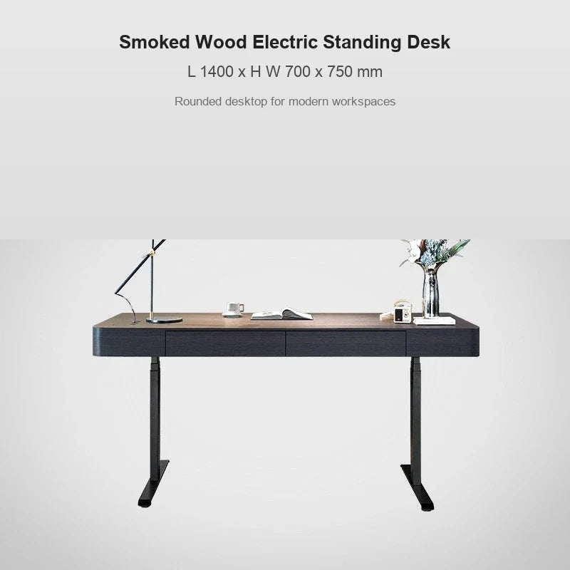 smoked wood rounded corner electric standing desk 1400 x 700 x 750 mm