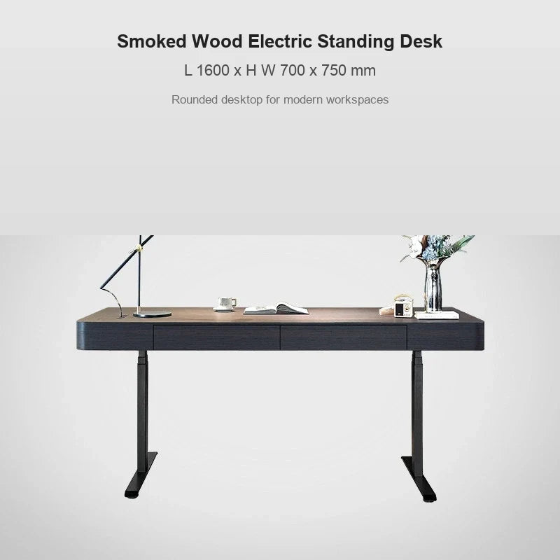 smoked wood rounded corner electric standing desk 1600 x 700 x 750 mm