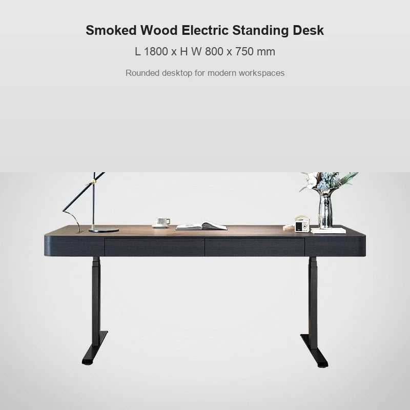 smoked wood rounded corner electric standing desk 1800 x 800 x 750 mm