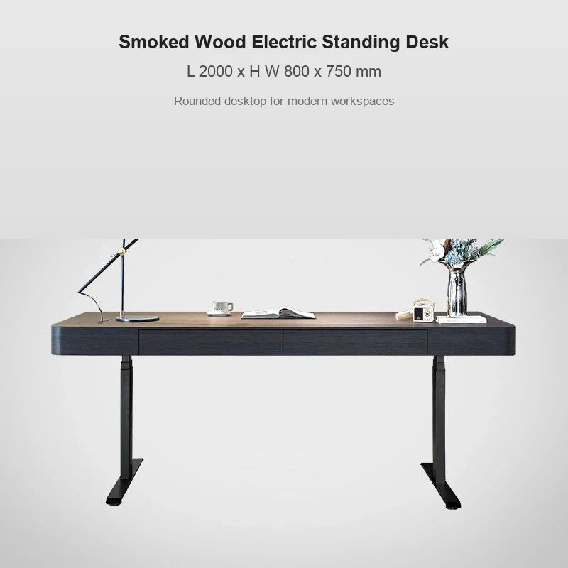 smoked wood rounded corner electric standing desk 2000 x 800 x 750 mm