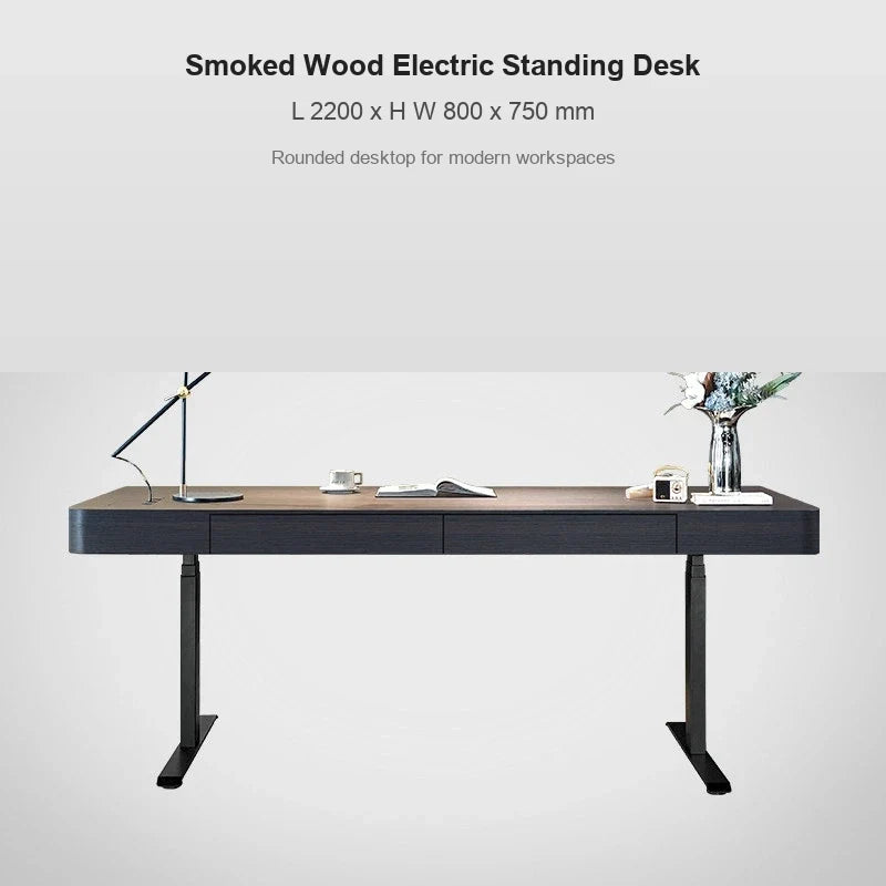 smoked wood rounded corner electric standing desk 2200 x 800 x 750 mm