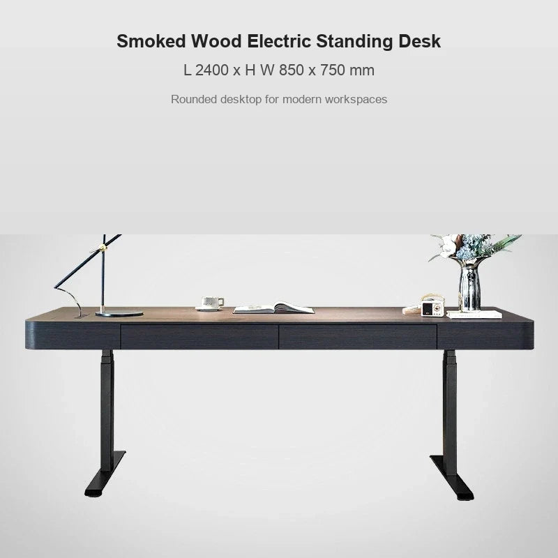 smoked wood rounded corner electric standing desk 2400 x 850 x 750 mm