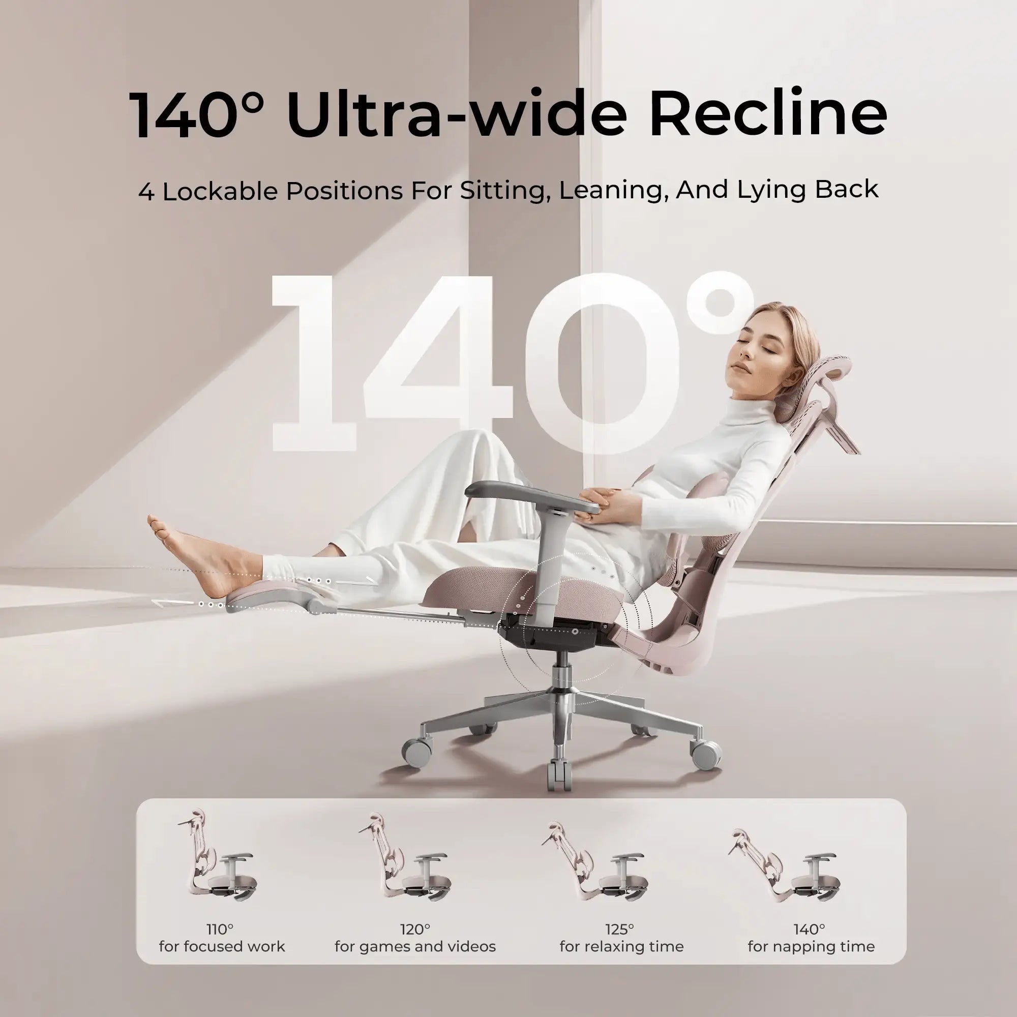 Comfortable pink ergonomic desk chair featuring a retractable footrest for ultimate relaxation during work breaks.