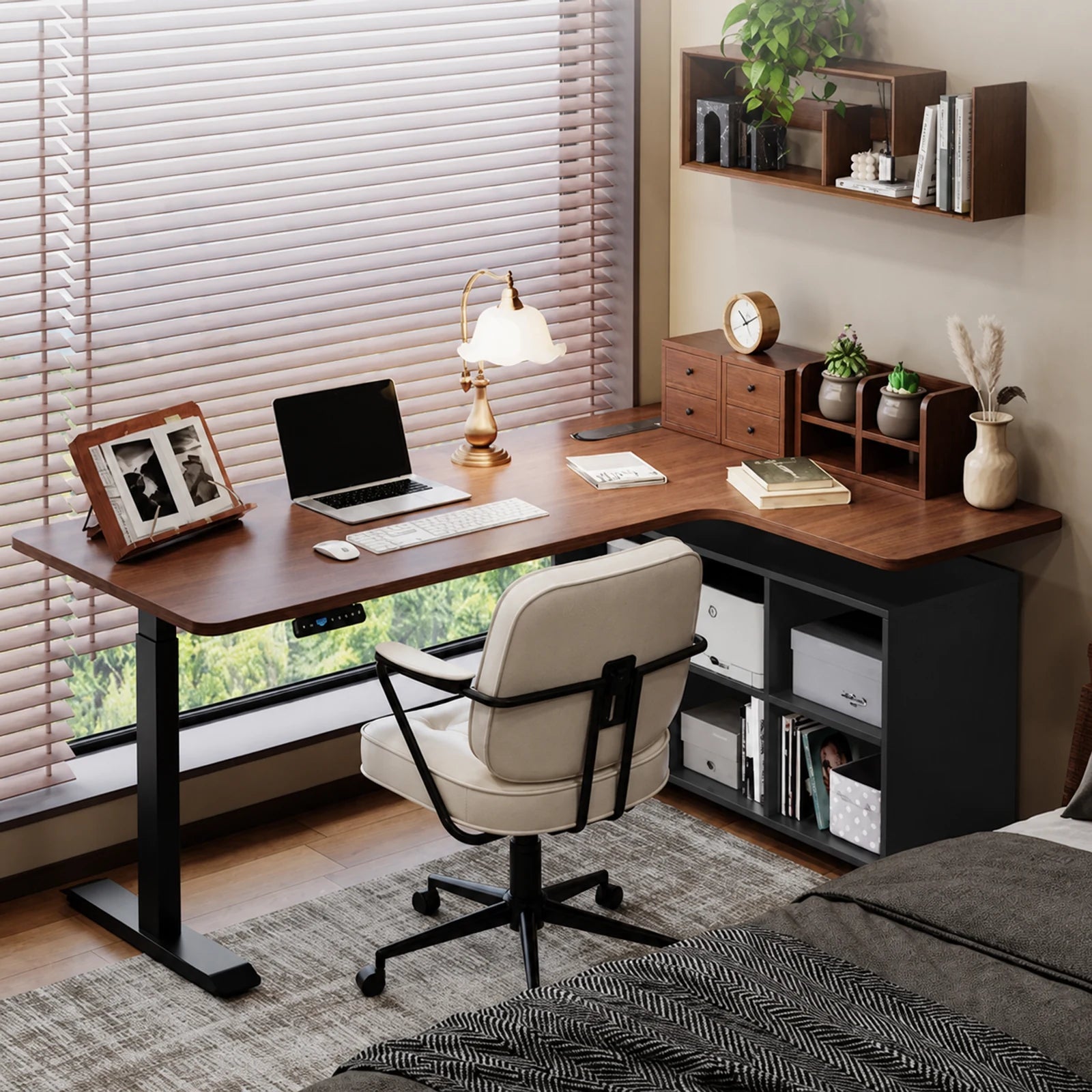 six cube storage cabinet L shaped electric standing desk, left corner, black walnut