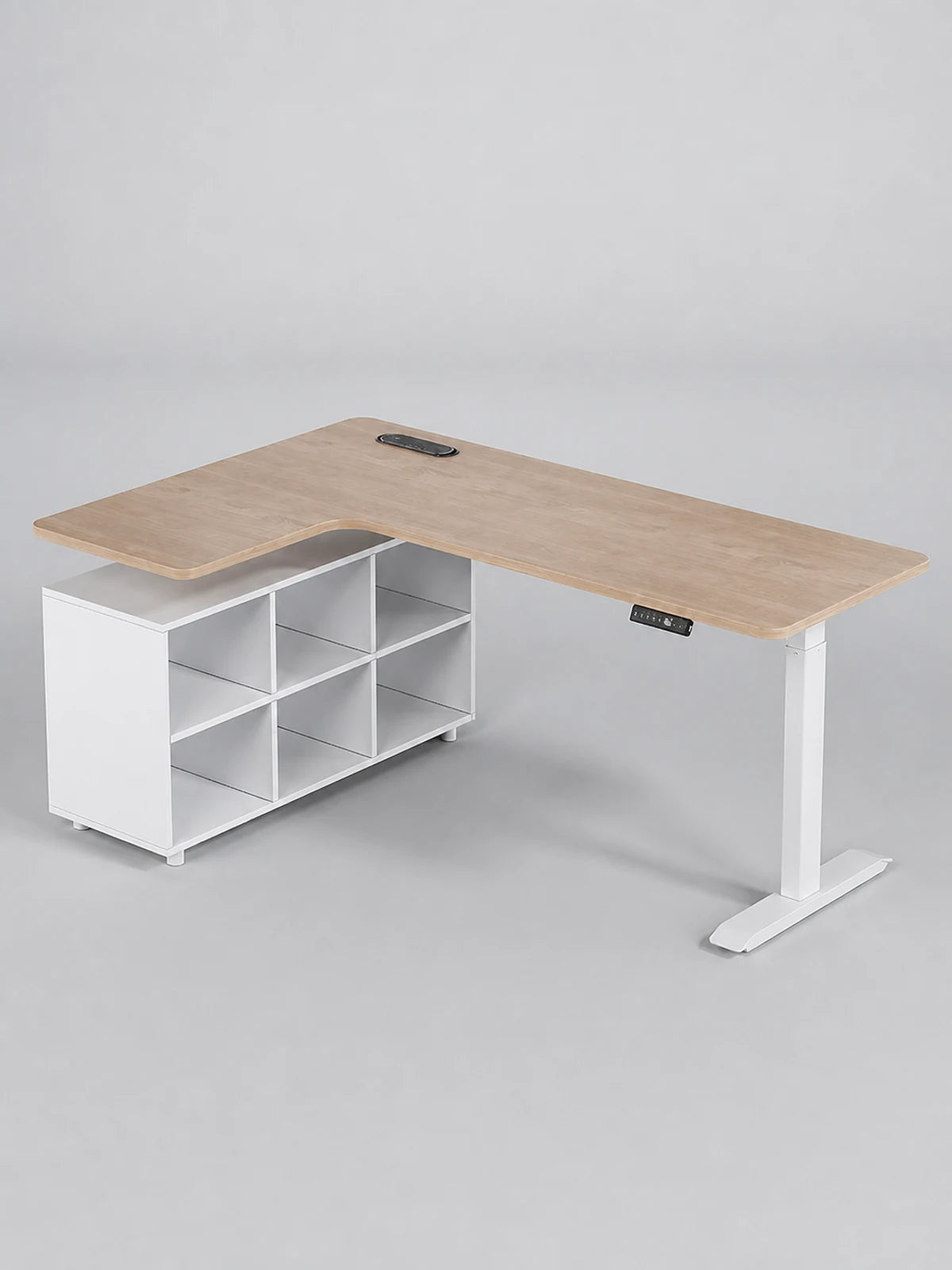 six cube storage cabinet L shaped electric standing desk, left corner, mountain walnut
