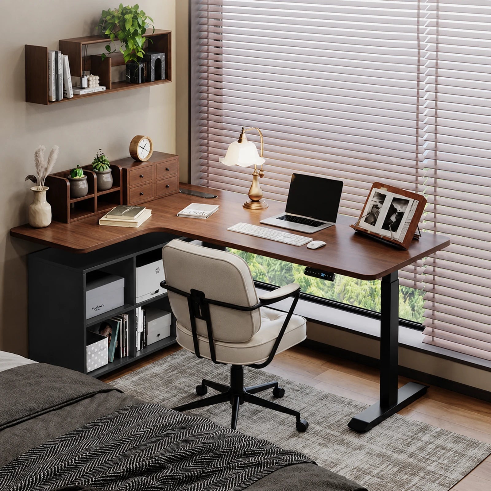 six cube storage cabinet L shaped electric standing desk, right corner, black walnut