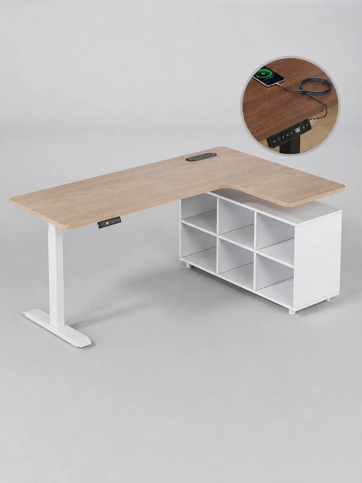 six cube storage cabinet L shaped electric standing desk, right corner, mountain walnut
