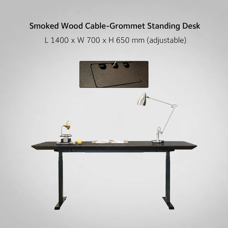 Smoked wood cable-grommet electric standing desk, 1400 x 700 x 650 mm