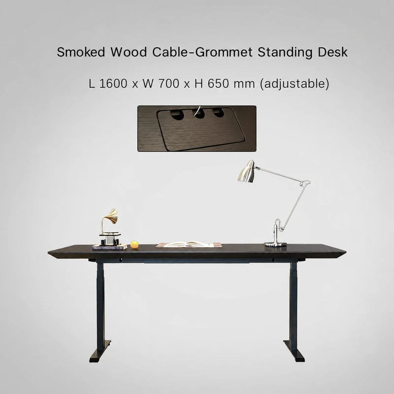Smoked wood cable-grommet electric standing desk, 1600 x 700 x 650 mm