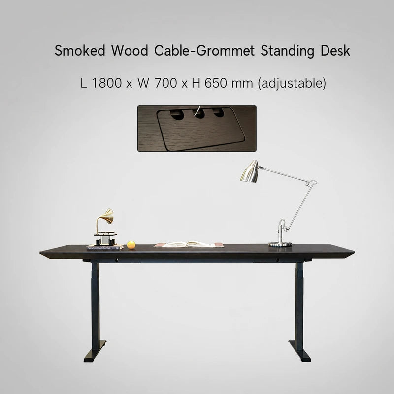 Smoked wood cable-grommet electric standing desk, 1800 x 700 x 650 mm