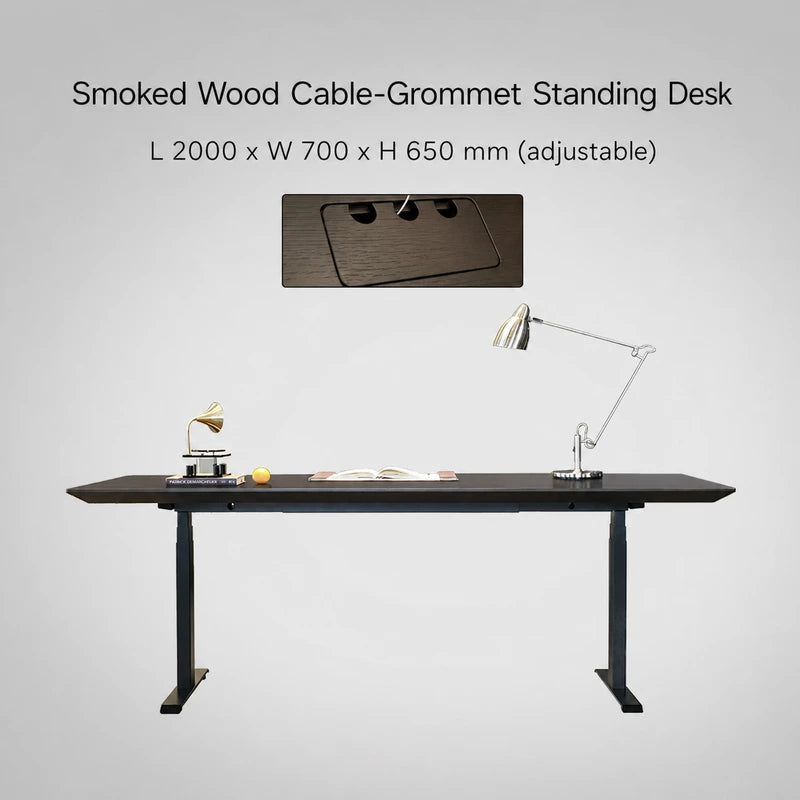 Smoked wood cable-grommet electric standing desk, 2000 x 700 x 650 mm