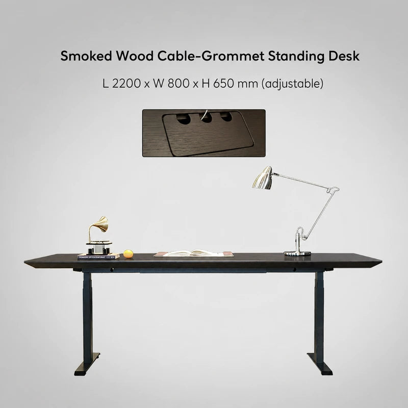 Smoked wood cable-grommet electric standing desk, 2200 x 800 x 650 mm