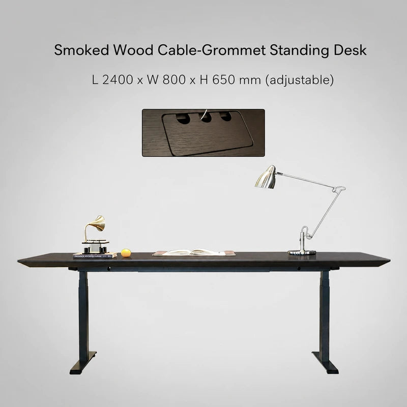 Smoked wood cable-grommet electric standing desk, 2400 x 800 x 650 mm