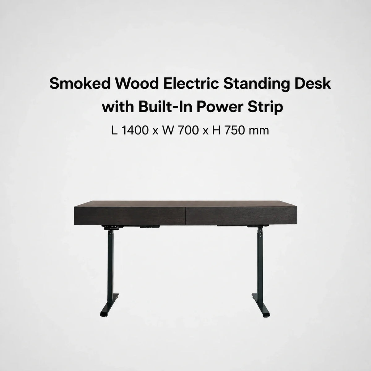 Smoked wood electric standing desk with built-in power strip, L 1400 x W 700 x H 750 mm