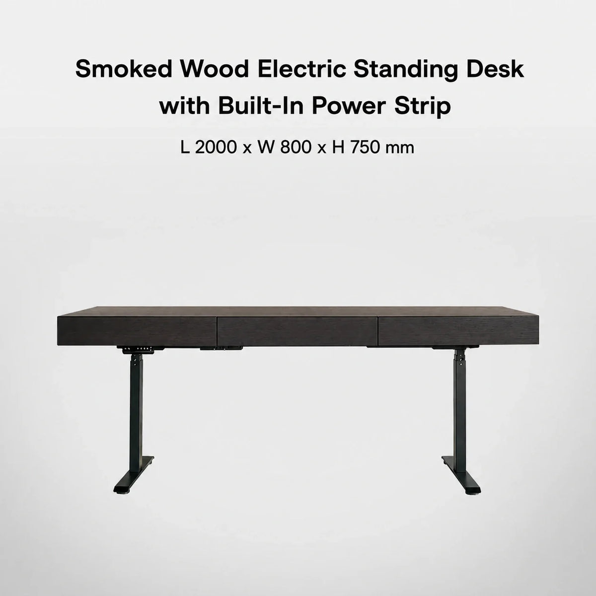 Smoked wood electric standing desk with built-in power strip, L 2000 x W 800 x H 750 mm