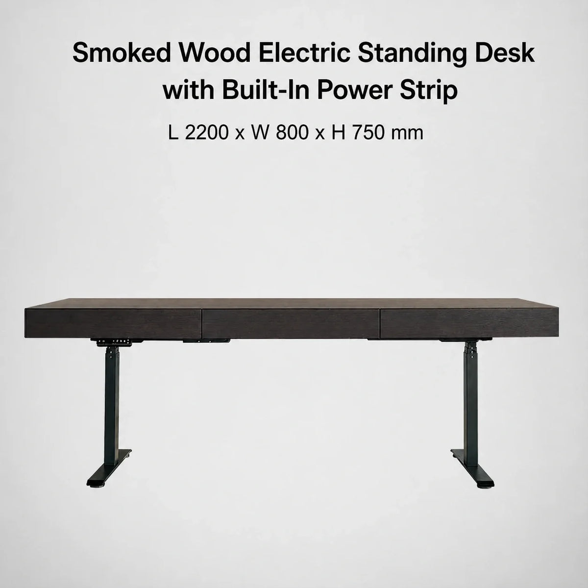 Smoked wood electric standing desk with built-in power strip, L 2200 x W 800 x H 750 mm