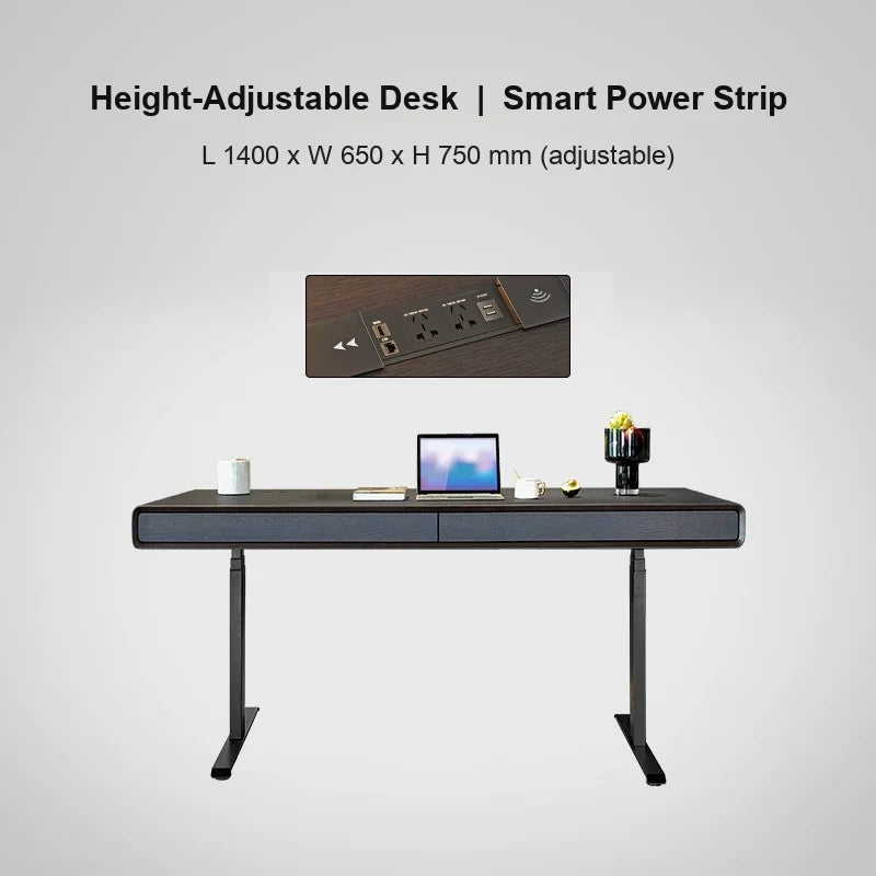 smoked wood electric standing desk with smart power strip 1400 x 650 x 750 mm