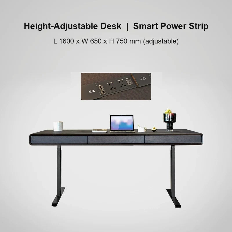 smoked wood electric standing desk with smart power strip 1600 x 650 x 750 mm