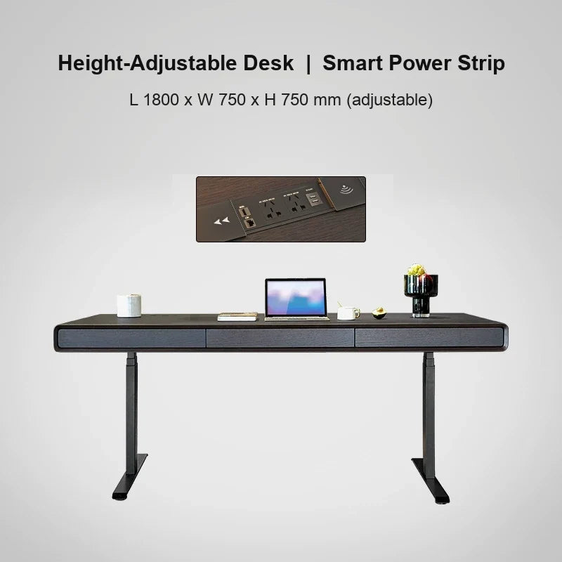 smoked wood electric standing desk with smart power strip 1800 x 750 x 750 mm