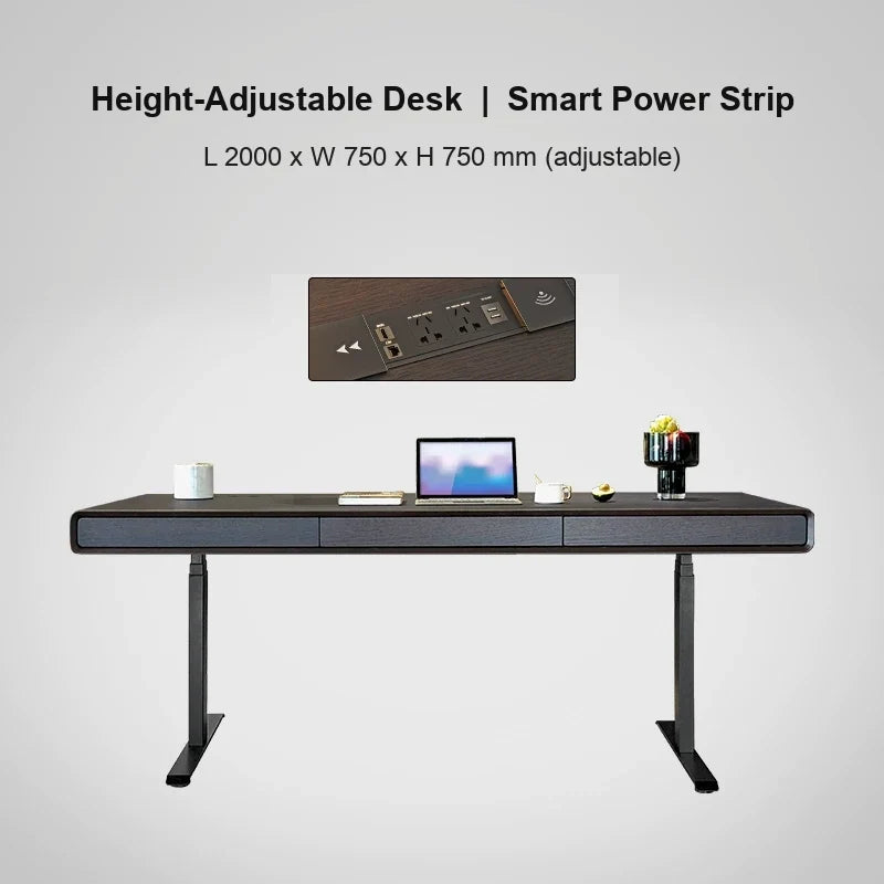 smoked wood electric standing desk with smart power strip 2000 x 750 x 750 mm